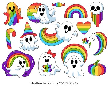 Coleção de Halloween do orgulho LGBT. Fantasmas bonitos de desenhos animados com arco-íris, balas arco-íris e coração, crânio, flor e abóbora. Fundo branco.