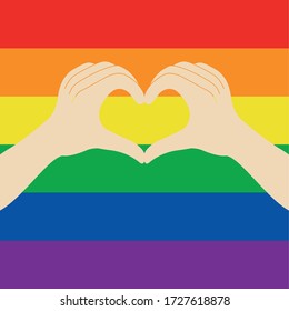 Orgullo LGBT. Manos en forma de corazón sobre fondo arco iris. Ilustración del vector