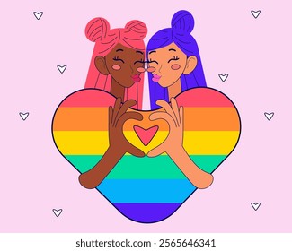 LGBT pride. Happy Valentine`s day sticker with cute couple. Vector illustrations in modern style.