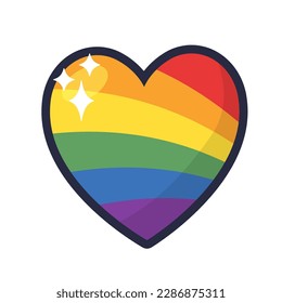 Lgbt pride heart. Rainbow flag love symbol. Diversity and freedom. Flat style vector icon with shadows and sparks.