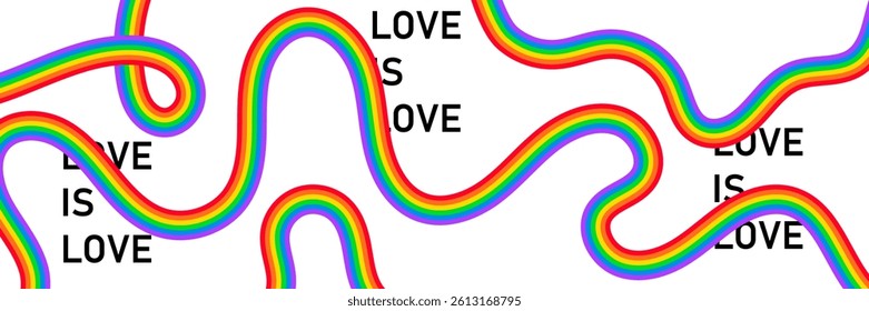Lgbt pride horizontal background with colored stripes ribbons with text Love is Love. Vector EPS10