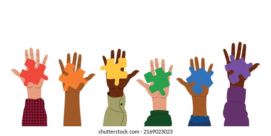 lgbt pride illustration, hands raised up, multicolored jigsaw puzzles, human palms isolated on white, flat vector design