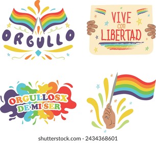 LGBT pride illustrations. Flag, rainbow, banner Live freely. "Proud of who I am." clip art