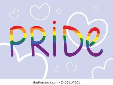 LGBT pride lettering with cute hearts on purple isolated background. Vibrant rainbow symbol of LGBT pride. For postcards, prints, posters.