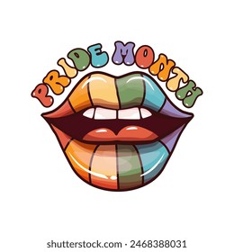 LGBT Pride lips colored in pride flag and open mouth with teeth and tongue. LGBT PRIDE MONTH poster with groovy hippie woman open mouth isolated on white. Pride lesbian art cover, poster, flyer 