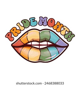 LGBT Pride lips colored in pride flag and open mouth with teeth and tongue. LGBT PRIDE MONTH poster with groovy hippie woman open mouth isolated on white. Pride lesbian art cover, poster, flyer 