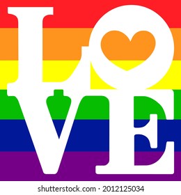 LGBT pride LOVE flag. Typography quote on rainbow flag background. Vector illustration for Happy Pride Day and LGBTQ Community support.