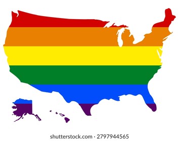 LGBT Pride Map of the United States with Rainbow Flag Colors, Diversity and Equality Concept