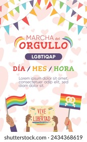Plakatvorlage "LGBT Pride March". Hände mit Fahnen und Banner mit Nachricht "Live free"