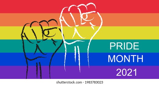 LGBT Pride Month 2021. Clenched fists on rainbow flag. Peaceful protest concept.