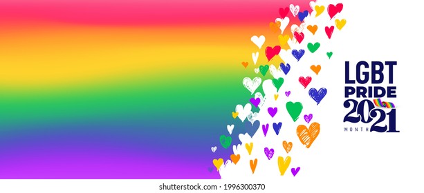 LGBT Pride Month  2021 flag concept. Freedom rainbow flag with hearts isolated. Gay parade annual summer event. LGBT Pride for lesbian gay bisexual and transgender. Vector illustration.