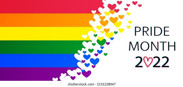 LGBT Pride Month 2021 vector concept. Freedom rainbow flag with hearts isolated on white. Gay parade annual summer event. Design template for flyer, card, poster,  banner