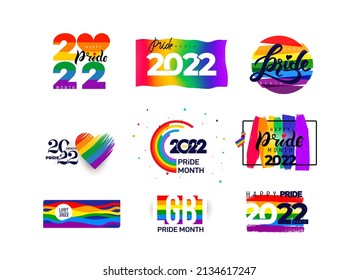 LGBT Pride Month 2022 set. Celebrated annual. LGBT flag brush stroke. Pride day line abstract logo. Human rights and tolerance. Collection of 2022 vector illustration isolated on white background.