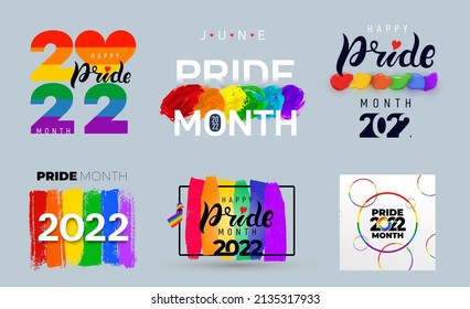 LGBT Pride Month 2022. Set of celebrated annual. LGBT flag brush stroke. Pride day line abstract logo. Human rights and tolerance. Collection of 2022 vector illustration isolated on white background.