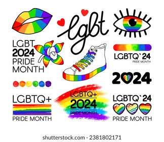 LGBT Pride Month 2024 Pack. Brushstroke LGBT flags, logos, symbols, icons, and stickers.