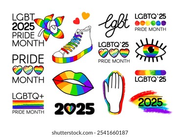 LGBT Pride Month 2025 Pack. Brush stroke LGBT flag, logos, symbols, icons, and stickers.
