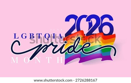 LGBT Pride Month 2026. Freedom rainbow flag with hearts. Gay parade vector annual summer event. Happy pride month horizontal banner with pride striped ribbon flag isolated on pink background.