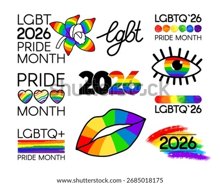 LGBT pride month 2026 set with rainbow logos, icons, stickers, lips, hearts, flower, eye, and colorful typography, celebrating diversity and equality.