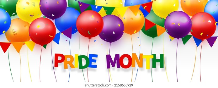 LGBT Pride Month. Balloons and flag bunting, confetti in rainbow colors for celebration, banner in June LGBT pride month. Elements for Birthday, Party, Festive, Anniversary. Vector illustration.