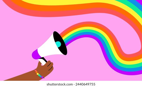 LGBT Pride Month banner. Black man's hand holding a megaphone. vector and illustration.