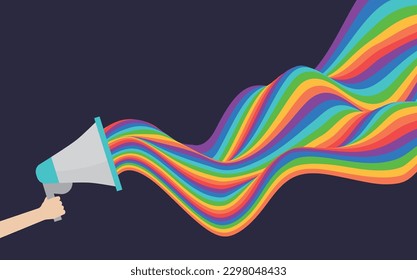 LGBT Pride Month banner. People hold megaphone and flags with lgbt rainbow colored flag. Trendy backdrop for banner, poster, flyer, website