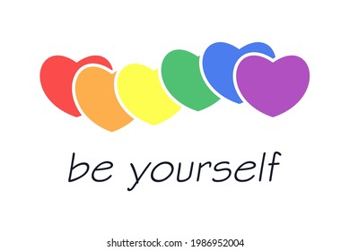 LGBT pride month banner with rainbow text typography with hearts. Be yourself text with LGBT flag colors. Creative retro text lettering for Pride month. Vector illustration