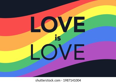 LGBT pride month banner with rainbow text typography. Love is love text with LGBT flag colors. Creative retro text lettering for Pride month. Vector illustration