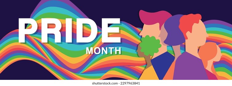 LGBT Pride Month banner. Rainbow wave shape color and people. Trendy backdrop for banner, poster, flyer, website