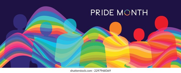 LGBT Pride Month banner. Rainbow wave shape color and people. Trendy backdrop for banner, poster, flyer, website