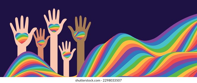 Cartel del Mes del Orgullo LGBT. Color de la forma de la onda arcoiris y manos humanas. Fondo de moda para banner, afiche, volante, sitio web