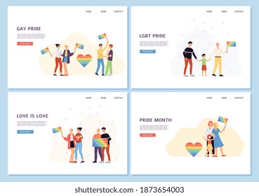 LGBT pride month banner set with cartoon gay and lesbian families and couples holding rainbow flags and celebrating. Colorful vector illustration, website page template