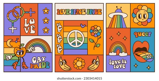 LGBT Pride Month Banners Collection with groovy queer slogans and phrase. Set of templates square designed with Rainbow colors and retro cartoon characters for LGBT Pride Month. Vector illustration.