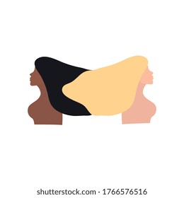 LGBT pride month. Beautiful girls in profile blonde and dark African-American. Feminism, struggle for rights, LGBT, tenderness, women's health concept.