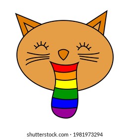 LGBT pride month. Cat with lgbt tongue isolated on white background. LGBTQ concept. Human rights and tolerance. Vector cartoon illustration