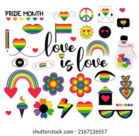 Colección del Mes del Orgullo LGBT. Símbolos de la comunidad LGBTQ con banderas de orgullo, elementos de arco iris retro, corazón, gafas y símbolo de reconciliación. Mes del Orgullo Gay, celebración groovy. Iconos vectoriales LGBT.