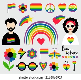 LGBT Pride Month collection. LGBTQ community vector symbols, light skinned lesbian girl and gay man, pride flag, retro rainbow and love elements, heart. Gay Pride Month, groovy celebration