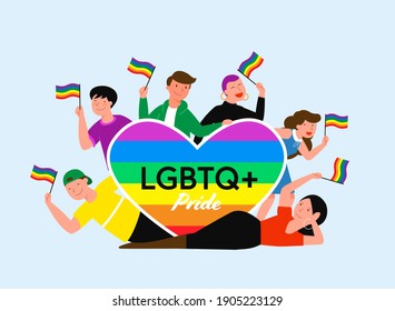 LGBT pride month concept vector illustration. Cartoon young group of lover people standing together, waving, holding rainbow heart and LGBT flag in hands, homosexual rainbow love