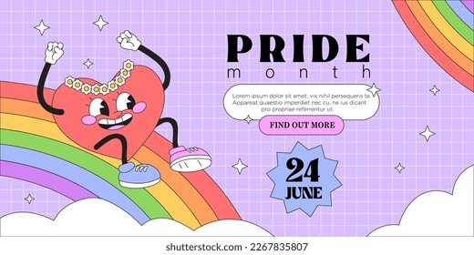 Lgbt pride month day festival banner, landing page, greeting post card, placard, flyer or poster. Funny trendy groovy heart characters riding rainbow on grid squared background. Event invitation.