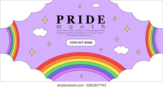 Cartel del día del festival del Día del Orgullo LGBT, página de inicio, tarjeta de correo de saludo, cartel, volante o afiche. Invitación al evento Lgbtq con arcoiris y nubes sobre fondo morado en estilo de dibujos animados a la moda.