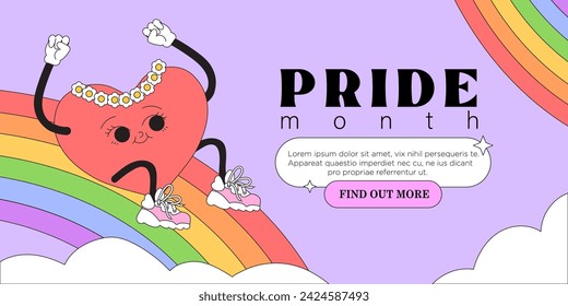 Lgbt pride month day festival banner, landing page, greeting post card, placard, flyer or poster. Funny trendy groovy kewpie heart character riding rainbow on grid squared background. Event invitation