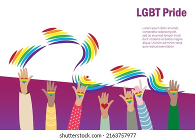 LGBT Pride month. Diversity raising hands paint LGBT rainbow heart on palm with rainbow flag background to support LGBT pride rights and transgender community, social diversity concept.