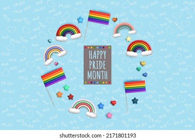 LGBT pride month greeting card layout with rainbow flags and heart and star shapes on blue background. Top view 3d rendering, vector