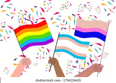 LGBT pride month with hands hold rainbow and transgender flag. Symbol of LGBT community. Vector illustration for pride month celebration