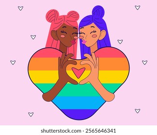 LGBT pride month. Happy Valentine`s day sticker with cute couple. Vector illustrations in modern style.