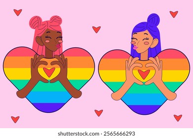 LGBT pride month. Happy Valentine`s day stickers with girls and finger heart gesture. Vector illustrations in modern style.