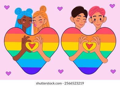 LGBT pride month. Happy Valentine`s day stickers with couples. Vector illustrations in modern style.