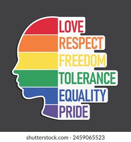 LGBT Pride Month. Head of human and rainbow flags with text love, freedom, equality, tolerance and respect. Lesbian Gay Transgender. Element for social posts, banner, and poster. Vector Illustration.