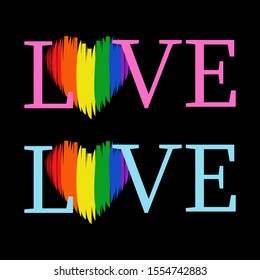 LGBT pride month heart logo background Rainbow flag with word love for poster. LGBTQ love symbol background. Modern design. Fashion print for clothes, cards, picture banner for websites. Vector 