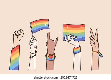 LGBT Pride Month holiday concept. Human hands gesturing waving with lgbt rainbow and transgender flag during parade vector illustration