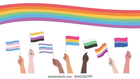 LGBT pride month horizontal banner with a big rainbow flag and lots of hands with various genders flags. Vector illustration for an annual celebration of gender diversity